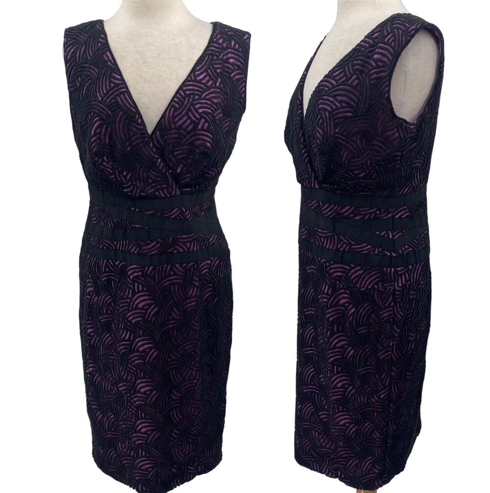 Tadashi Shoji Embroidered Lace Cocktail Dress Sheath Surplice Black Purple 10